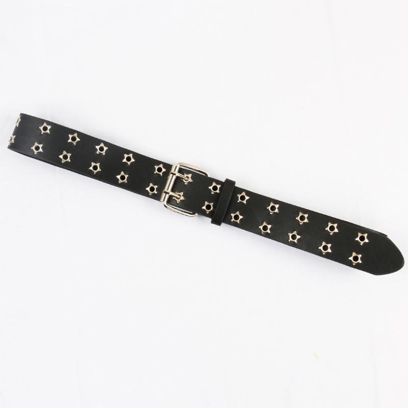 Women Punk Chain Belt Adjustable Double Eyelet Grommet Metal Buckle Leather Waistband for Jeans