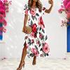 Women Plus Size Round Neck Short Sleeve Floral Printed White Side Slit A Line Long Dress