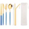 8Pcs/Set Portable Stainless Steel Dinnerware Set Travel Camping Spoon Fork Knife Chopsticks Straws Brush Tableware Flatware Set with Storage Bag