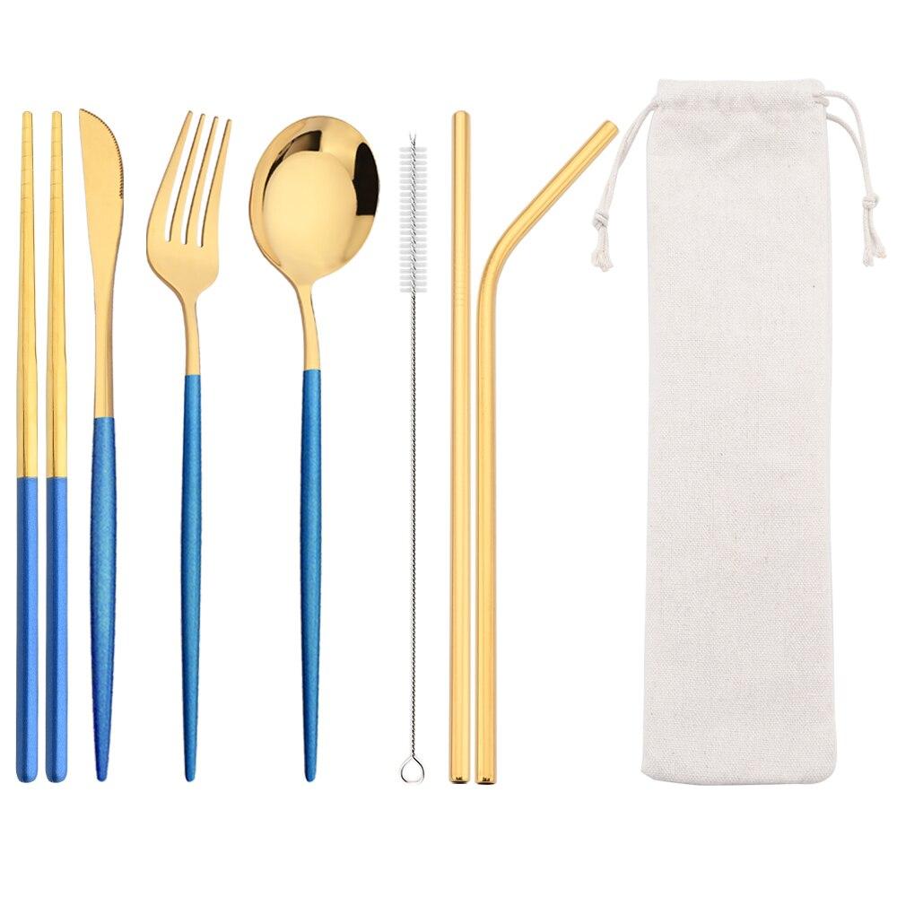 8Pcs/Set Portable Stainless Steel Dinnerware Set Travel Camping Spoon Fork Knife Chopsticks Straws Brush Tableware Flatware Set with Storage Bag