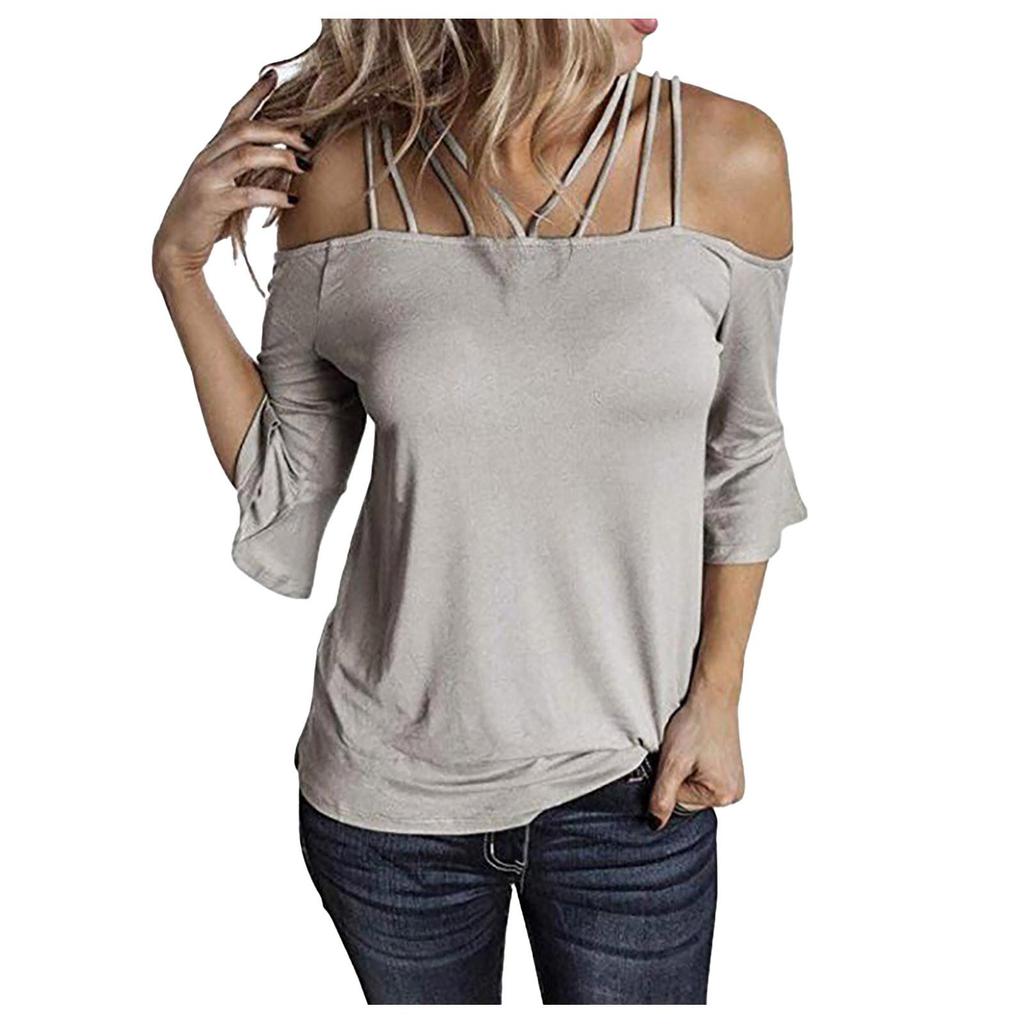 Women Fashion Plus Size Flare Sleeve Off Shoulder T-shirt Solid Color Top