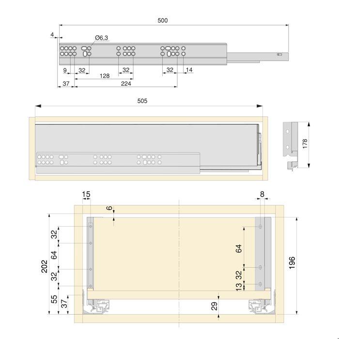 Emuca Kit de tiroirs pour cuisine ou salle de bains Vertex avec réglages 3D, hauteur 178mm, avec panneaux inclus, module 600mm, Gris