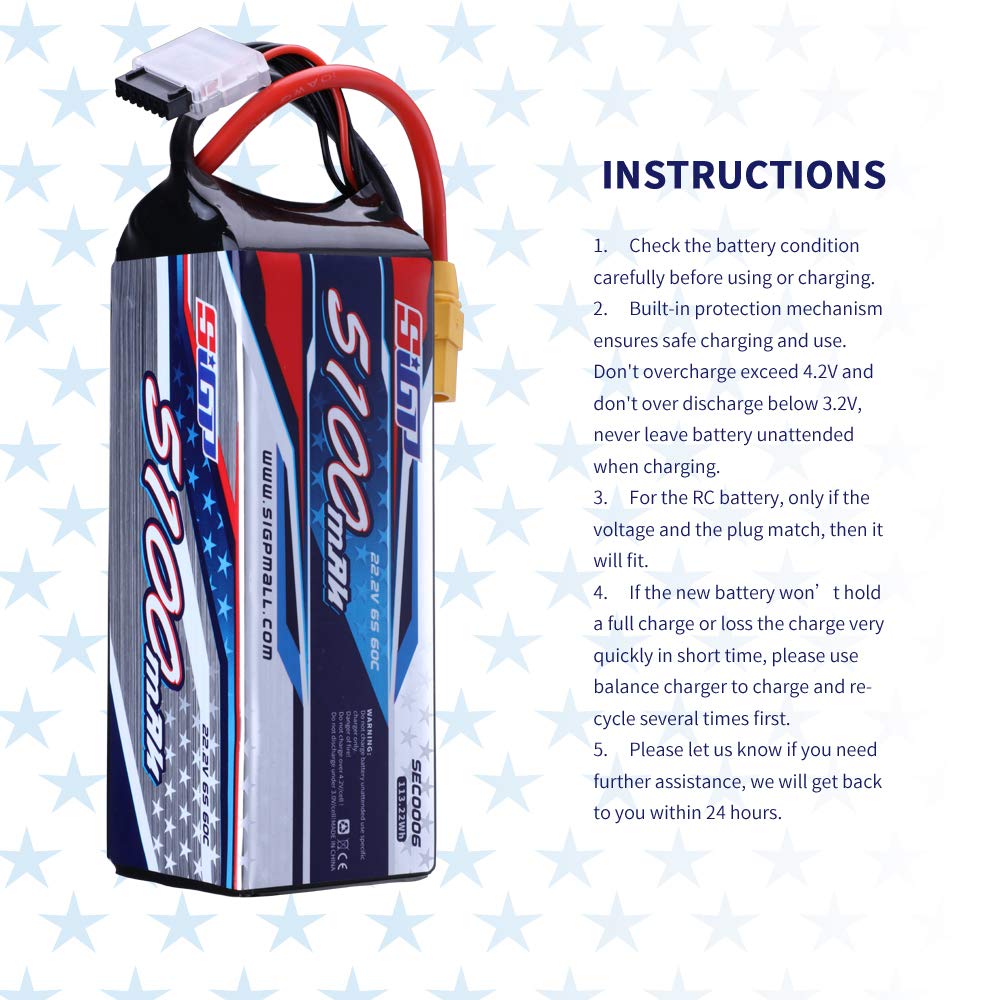 SIGP 6S 22.2V LiPo 5100mAh 60C with XT90 Plug for Remote Control Aircraft, Quadcopter, Drone, FPV, Helicopter Racing Hobbies