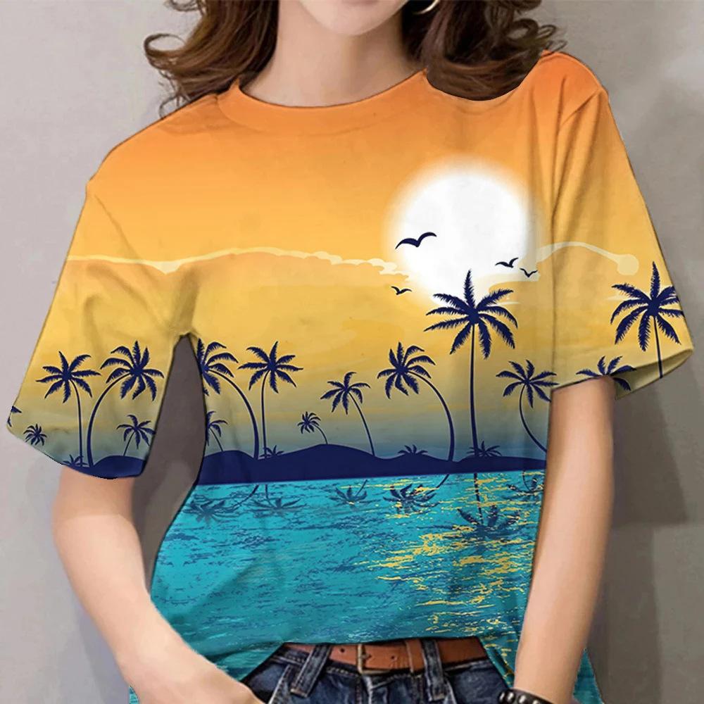 Fashionable Casual Comfortable Coconut Tree Pattern Women's Short Sleeved T-shirt