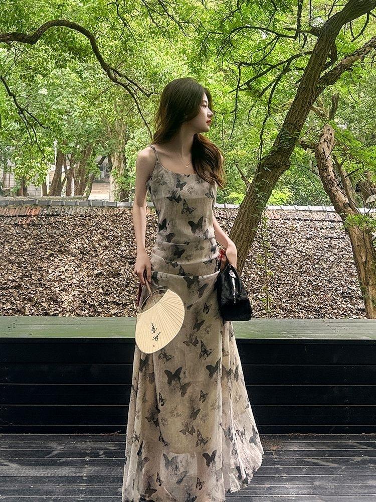 New Chinese ink butterfly printing suspender dress femininity long skirt 2026 summer new