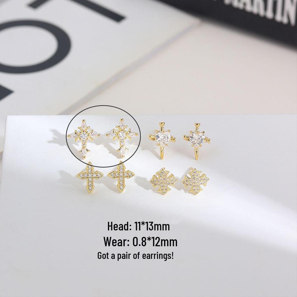 Gold-Plated 925 Silver Iris Flower Cross Stud Earrings with Zirconia Heart Ornaments