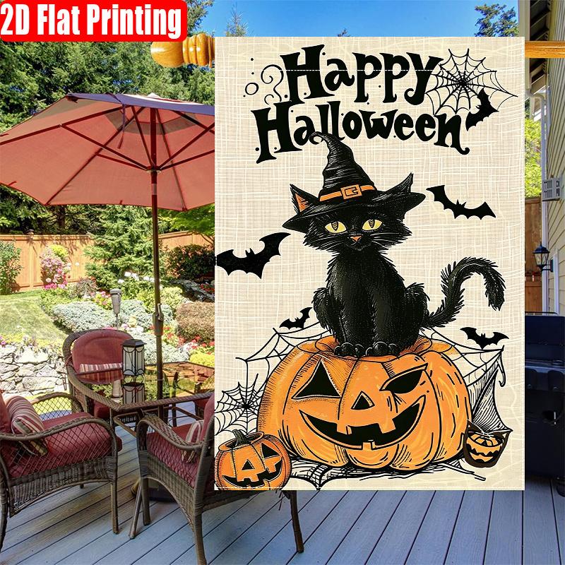 2D Flat, 2D Flat,1pc Vintage Black Cat Pumpkin Happy Halloween Printed Design-double Sided Garden Flag, Outdoor Decoration, Lawn, Flag Only, , 2D Flat