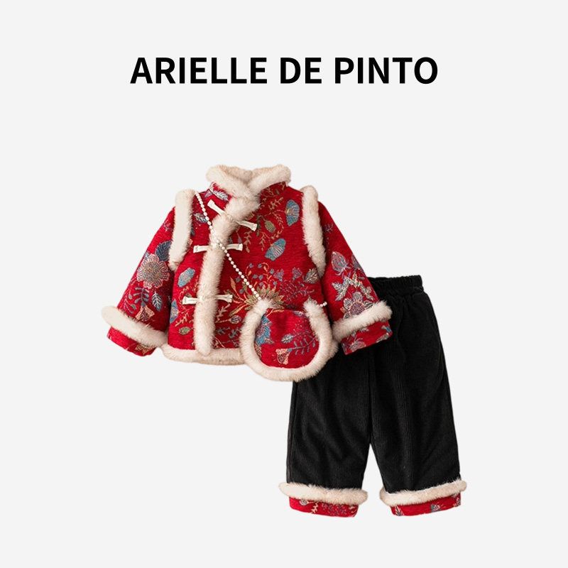 French Arielle De Pinto Girls  Winter Outfit Chinese Style Thickened Hanfu Children s Red New Year Clothing Red Suit 90