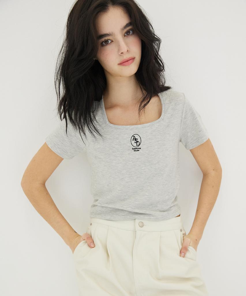 AWESOME STUDIO Square Neck Crop T-Shirt Melange Grey
