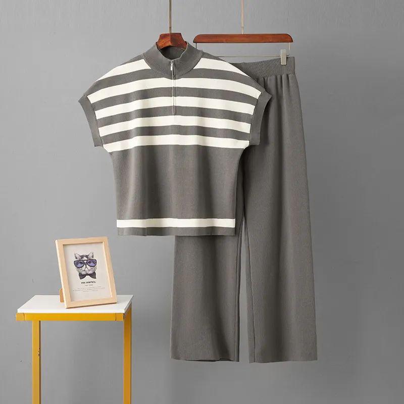 Cross-Border Foreign Trade Minimalist Fashion Suit Stripes Zipper Knitting Tops + Fashion Slim-Fit Wide-Legged Pants Two-piece Set Women