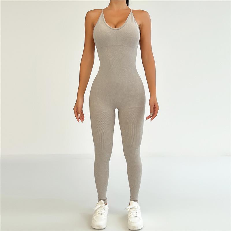 

European-American Frosted Tummy-Control Fitness Jumpsuit: High-Elastic Yoga Set with Camisole Vest & Long Pants Medium