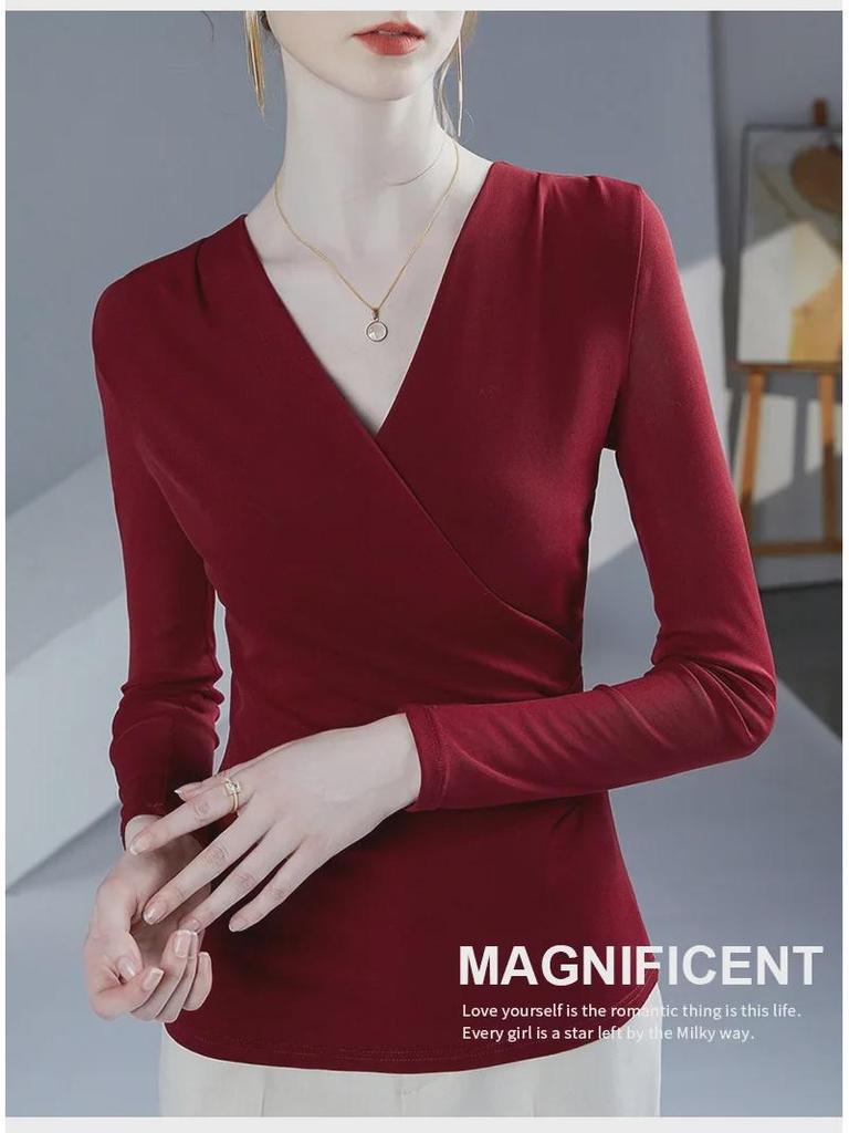 Wiosna i Jesień 2025 Damski Top z Plisowanej Siateczki z Dekoltem w Serek