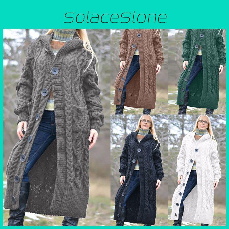 Eleganter Damen Strick-Einreiher-Pullovermantel mit Kapuze und Knopfleiste