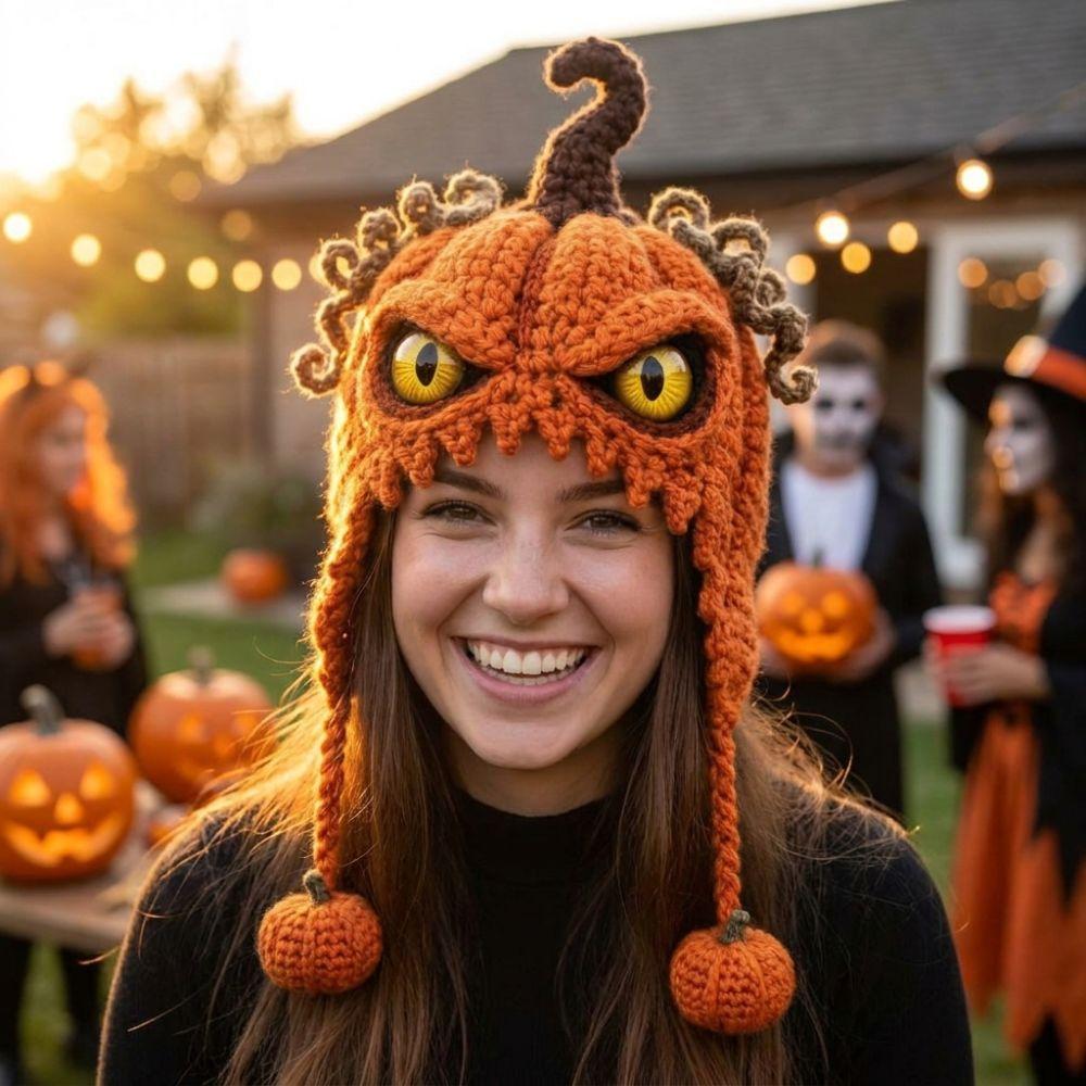 Kit de Ganchillo Cálido con Capucha de Halloween para Adultos Hecho a Mano Calabaza Murciélago Gato Regalo de Invierno