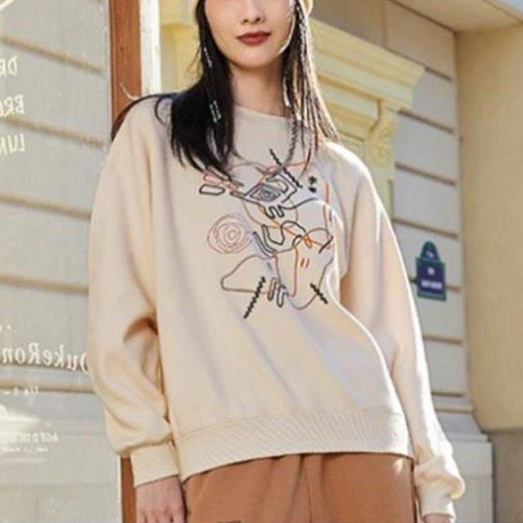 Li Ning Sports Life Collection Fleece Lined Thermal Casual Long Sleeved Cartoon Pattern Sweatshirt Women's Swan White AWDSB66-5