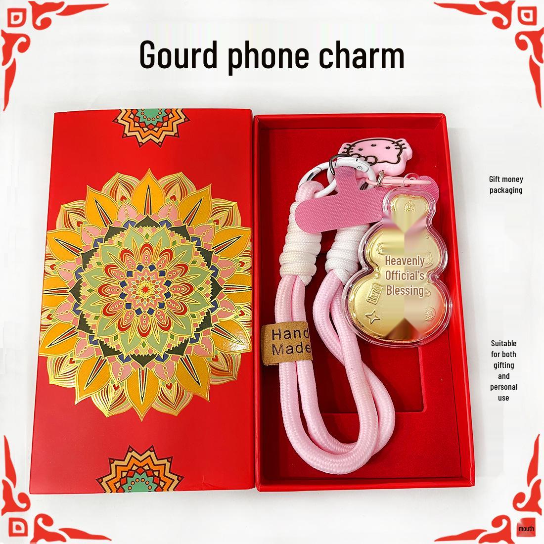 Shuibei 999 Pure Gold Gourd Keychain - Tian Guan Ci Fu Style Mobile Bag Charm
