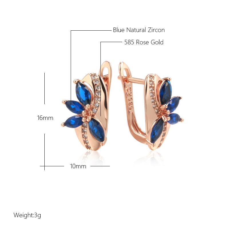 New Blue Natural Zircon Flower Drop Earring For Women  Rose Gold Vintage Ethnic Bride Wedding Jewelry Party Accessories
