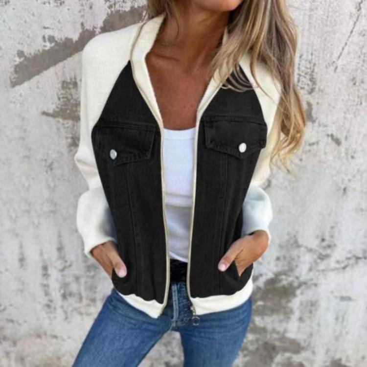 Long Sleeves Women Jacket Patchwork Raglan Shoulder Turn Down Cardigan Zip Up Pockets Color Matching Fall Winter