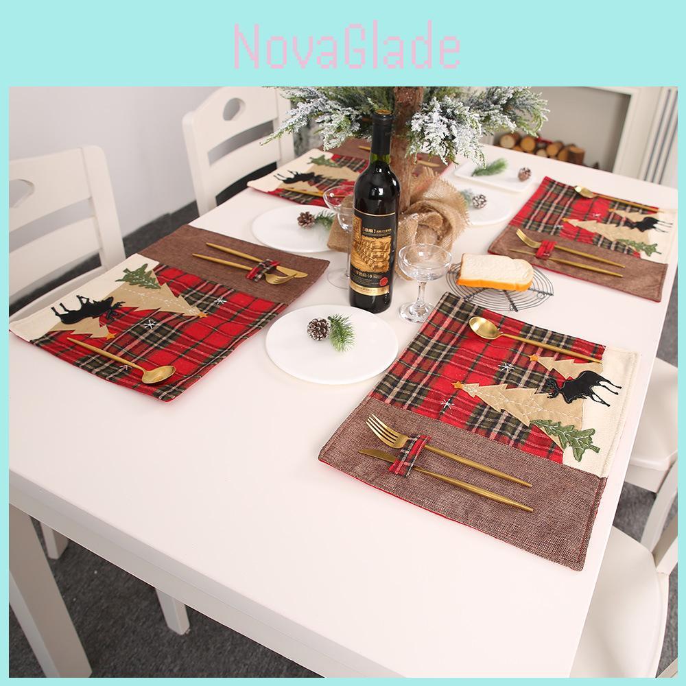 Festive Christmas Table Decor With Plaid Fabric And Embroidered Reindeer Design