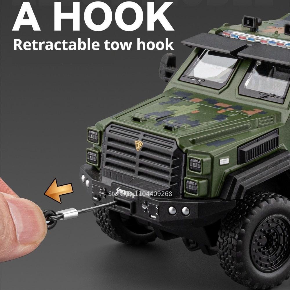 1:32 Scale Sword Toothed Tiger Armored Car Model Toy Wheel Steering Music Light Off-road Police Vehicles Shock Absorption Gifts