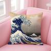 Japanese Waves Cushion Cover Linen Pillowcase Cover Soft Decor for Sofa Home Room