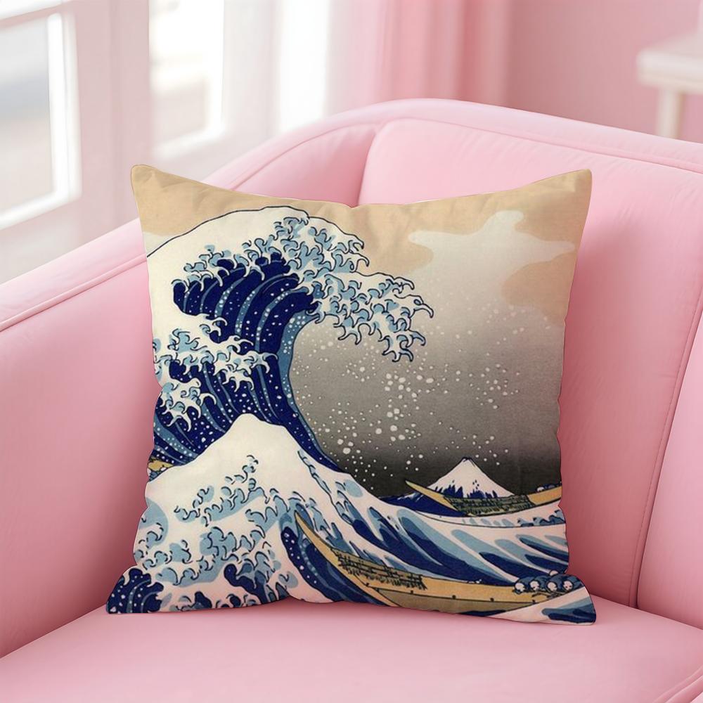 Japanese Waves Cushion Cover Linen Pillowcase Cover Soft Decor for Sofa Home Room