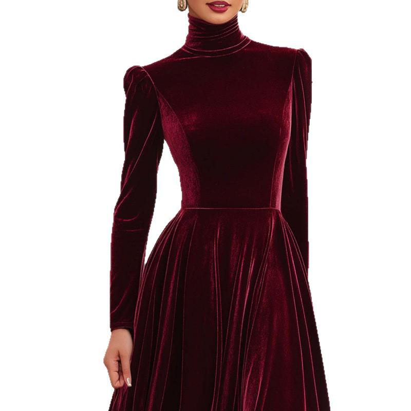 Elegantes Herbst/Winter Damen Gold Samt Hoher Kragen Ballonärmel Taillenbetonendes Langes Kleid