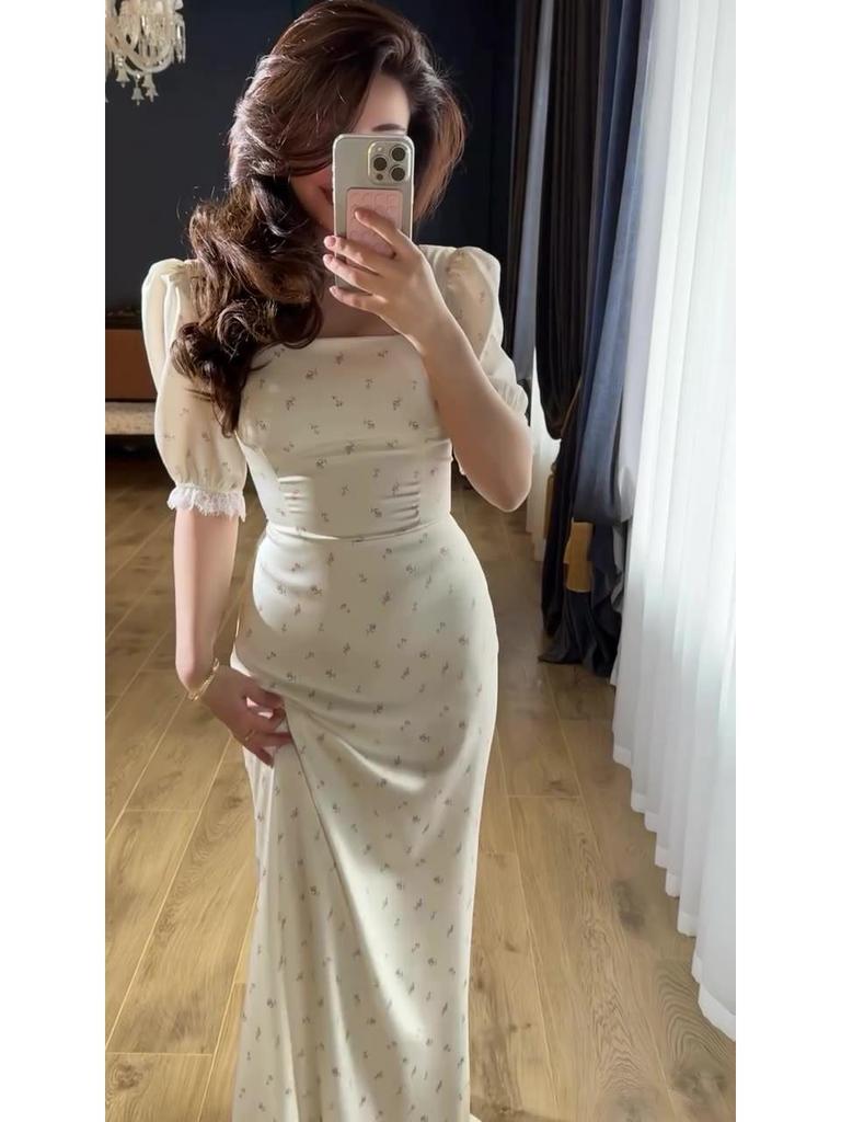 2025 Spring Fairy Style Women's Slim Tie-Up Satin Lace Dress