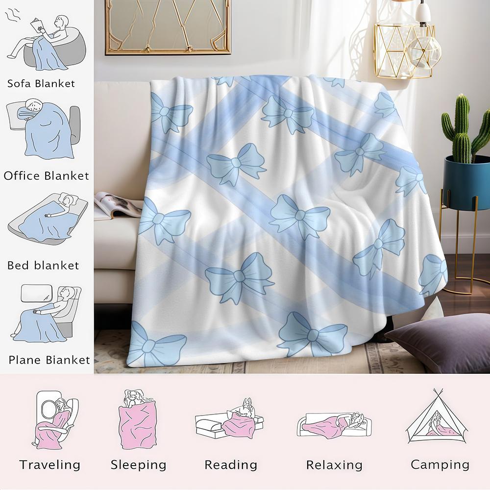 Blue Bows and Ribbons Flannel Blanket Warm Soft Halloween Christmas Couch Warm Cozy Decorative Decor Gift for All Season