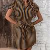 Women Summer Mini Dress V-neck Sleeveless Waist Tight Ties Short Dress Vertical Striped Print Office Vacation Dress