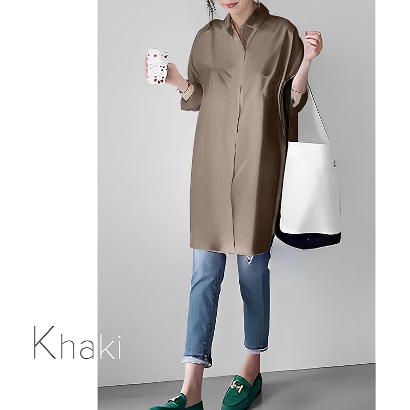 [Doors] ladies long sleeve long dress long shirt Longish blouse Relaxing office casual shirt dress khaki 5S-D05-KHM