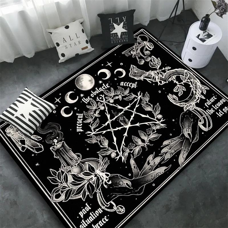 Triple Moon and Pentagram Altar or Tarot Witchy Floor Mat Black Witch Rug Gothic Decor Phases Divination Runic Carpet Gift