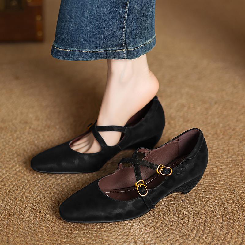 Krazing Pot Cow Skin Spring Summer Size 43 Size 42 Size 41 Thick Med Heels Women Square Toe Leisure Leopard Pumps