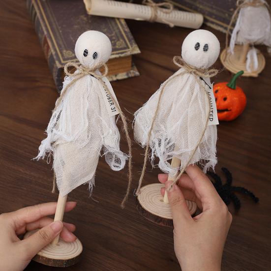 3Pcs Wooden Halloween Ghost Ornaments Rustic Shelf Sitters with Fabric Ghost Figures Farmhouse Tiered Tray Mantel Decorations