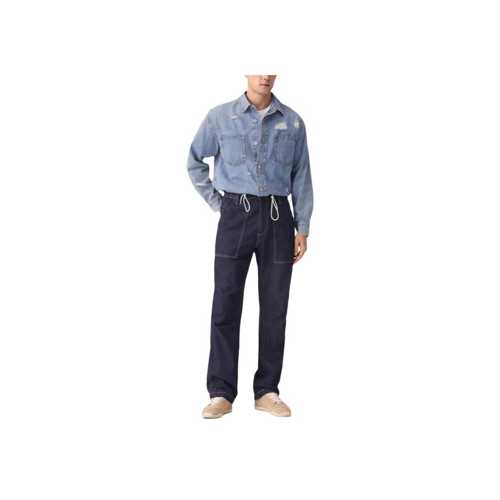 Levis Loose Comfortable Distressed Flannel Collar Long Sleeve Denim Jacket Men Jackets Blue 0017E-0001