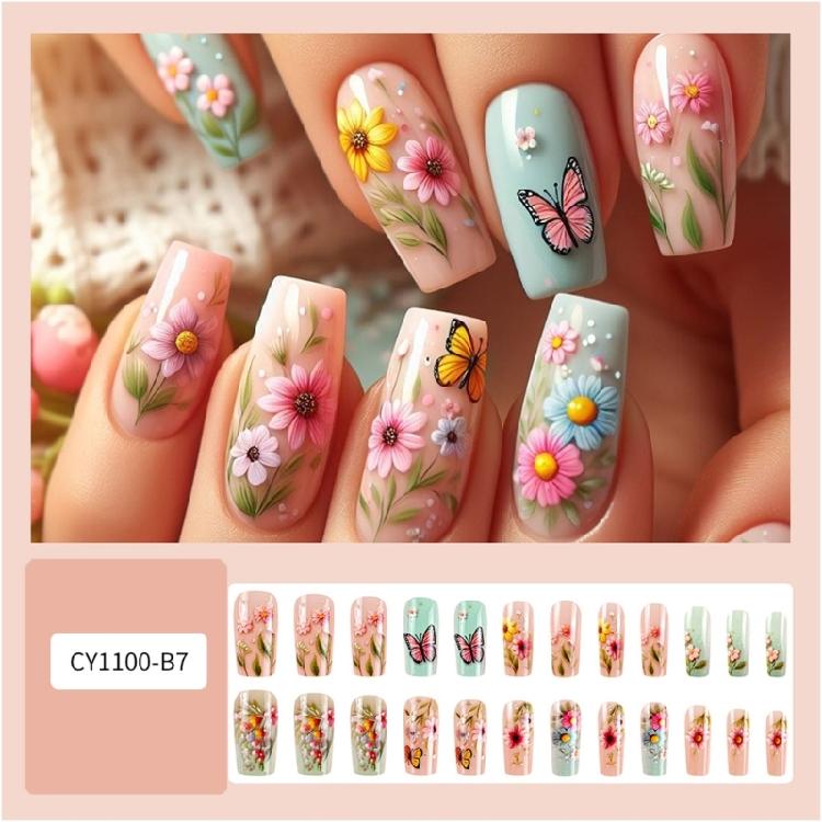 24 Stück Quadratische Falschnägel Aufdrücknägel Künstliche Nägel Falsche Nägel Aufklebenägel mit Blumendesigns Französische Nagelspitzen