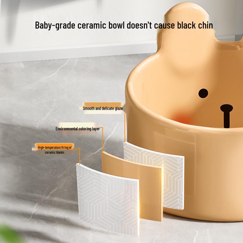 Cute Blush Bear Ceramic Pet Bowl - Slanted Large Diameter Bowl for Cats and Dogs