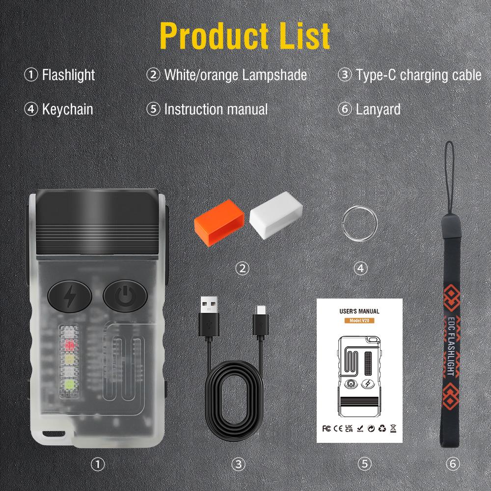 V20 Keychain EDC LED Flashlight Head Swivels Type-C Rechargeable Magnet Torch Buzzer Work Light with Clip Magnet Lantern