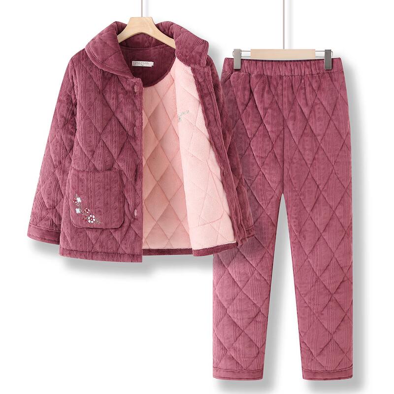 Moou Elderly Women's Warm Coral Fleece Two-Piece Winter Outfit