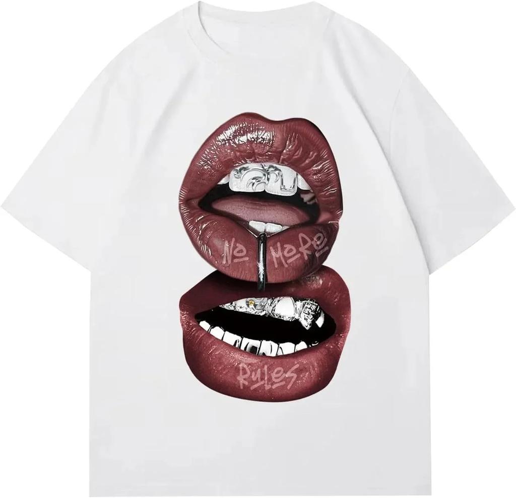 Women's Lip Print Pattern T-shirt Y2k Summer Round Neck Retro Streetwear Fashion Kawaii Minimalist Top