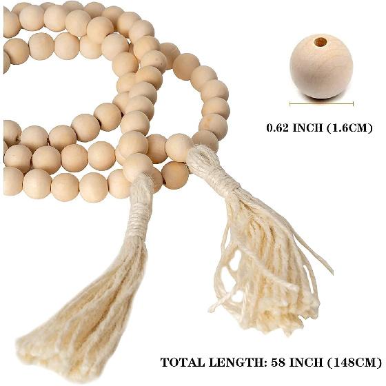 DECORKEY Farmhouse Wood Beads Garland, 2 Pack 58 Inch Wooden Beads for Boho Home Decor with Tassels, Rustic Country Decor for Coffee Table, Wall,