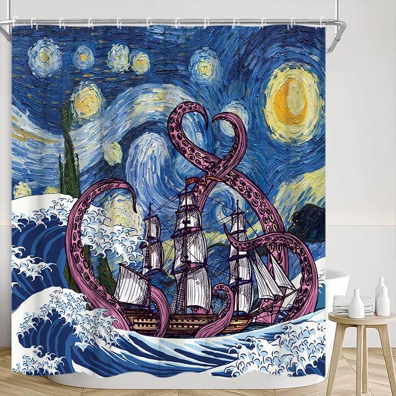 Vintage Nautischer Duschvorhang Leuchtturm Schiff Anker Oktopus Sternen Segelboot Abenteuer Polyester Stoff Badezimmer Dekor Vorhang