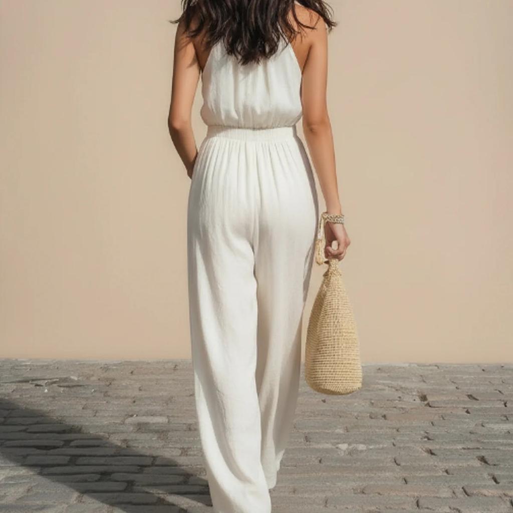 Women Halter Neck Sleeveless Wide Leg Jumpsuit Solid Color Casual Loose Fit Playsuit