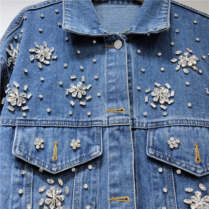 European Station Autumn New Temperament Lapel Heavy Industry Nail Drill Loose Casual Denim Jacket Women's Cross-border Trendy Brand