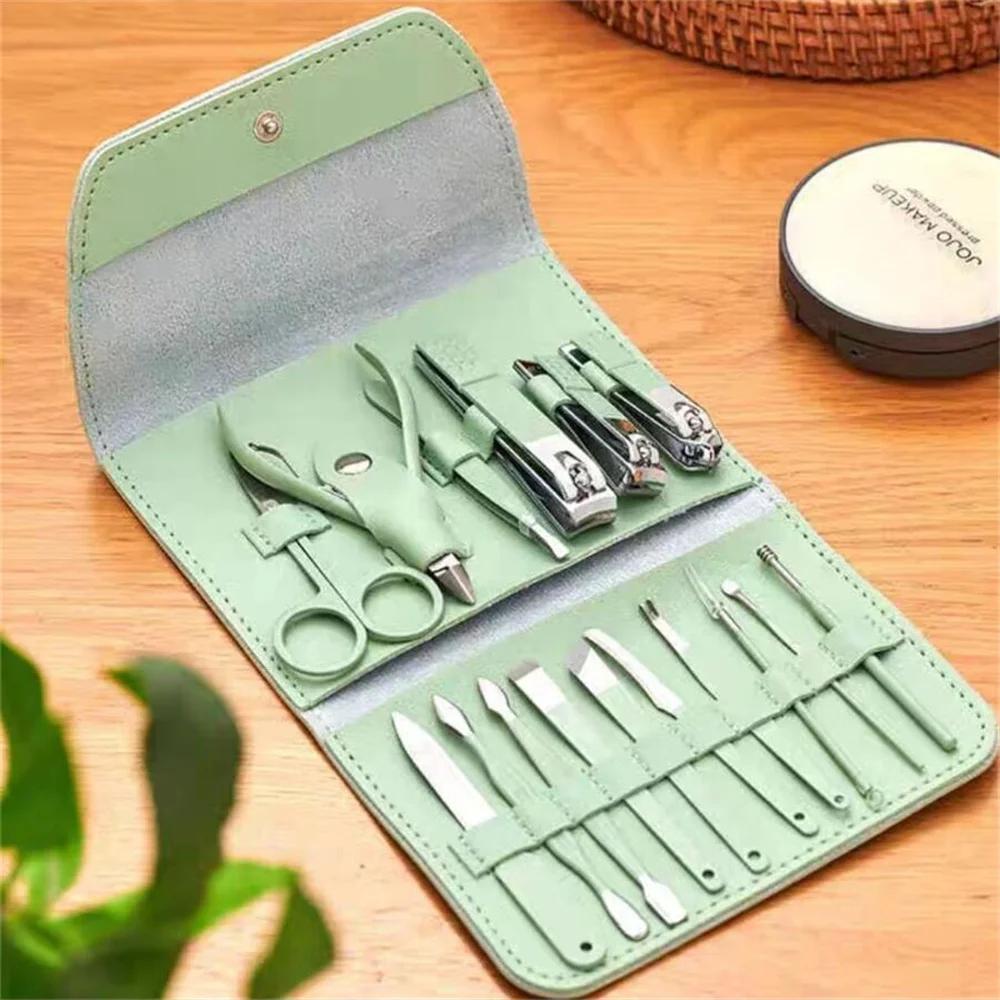 16Pcs Portable Manicure Sets Stainless Steel Nail Clipper Set Grooming Tool Set Portable Case Manicure Art Tool Green Nails Cut