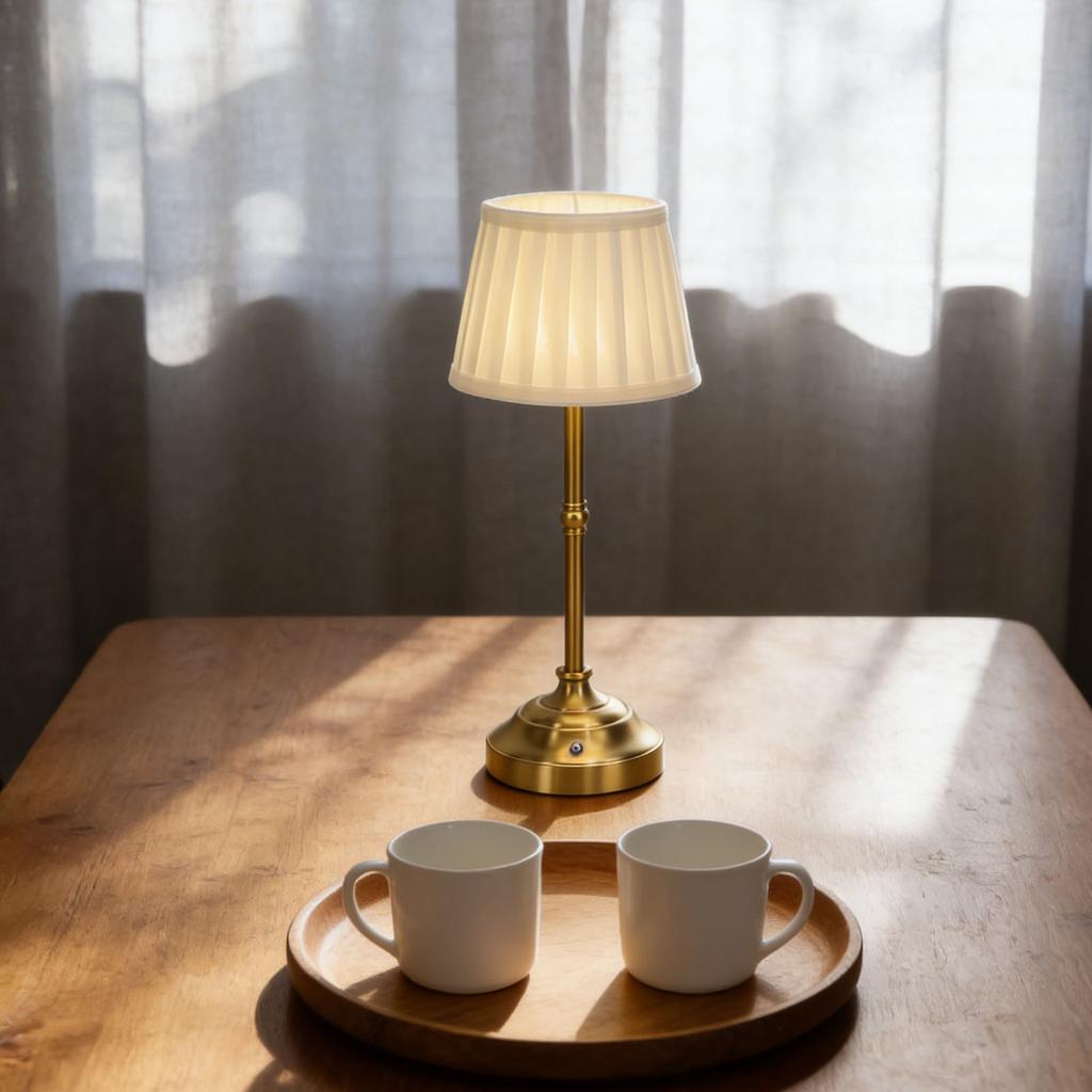 Cordless Table Lamp with Pleated Fabric Shade Aluminum Dimmable Rechargeable Bedside Night Light for Home Restaurant