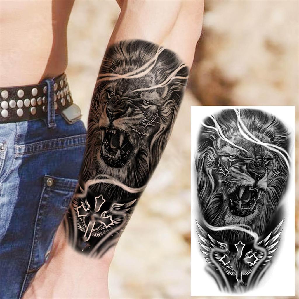 1 Sheet Lion Wolf Skeleton Nun Tiger Black Temporary Tattoos For Men Adult Leg Arm Compass Flower Fake Tattoo Sticker Waterproof