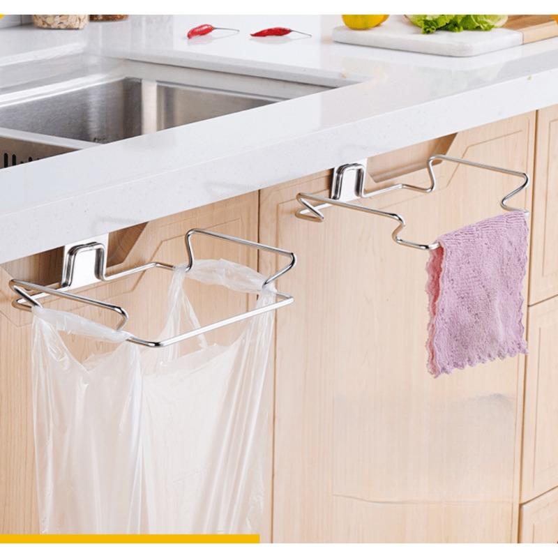 1Pc Stainless Steel Kitchen Garbage Rack: Household Wall Mounted Plastic Bag Storage Rack, Kitchen Storage Daily Essential Tools