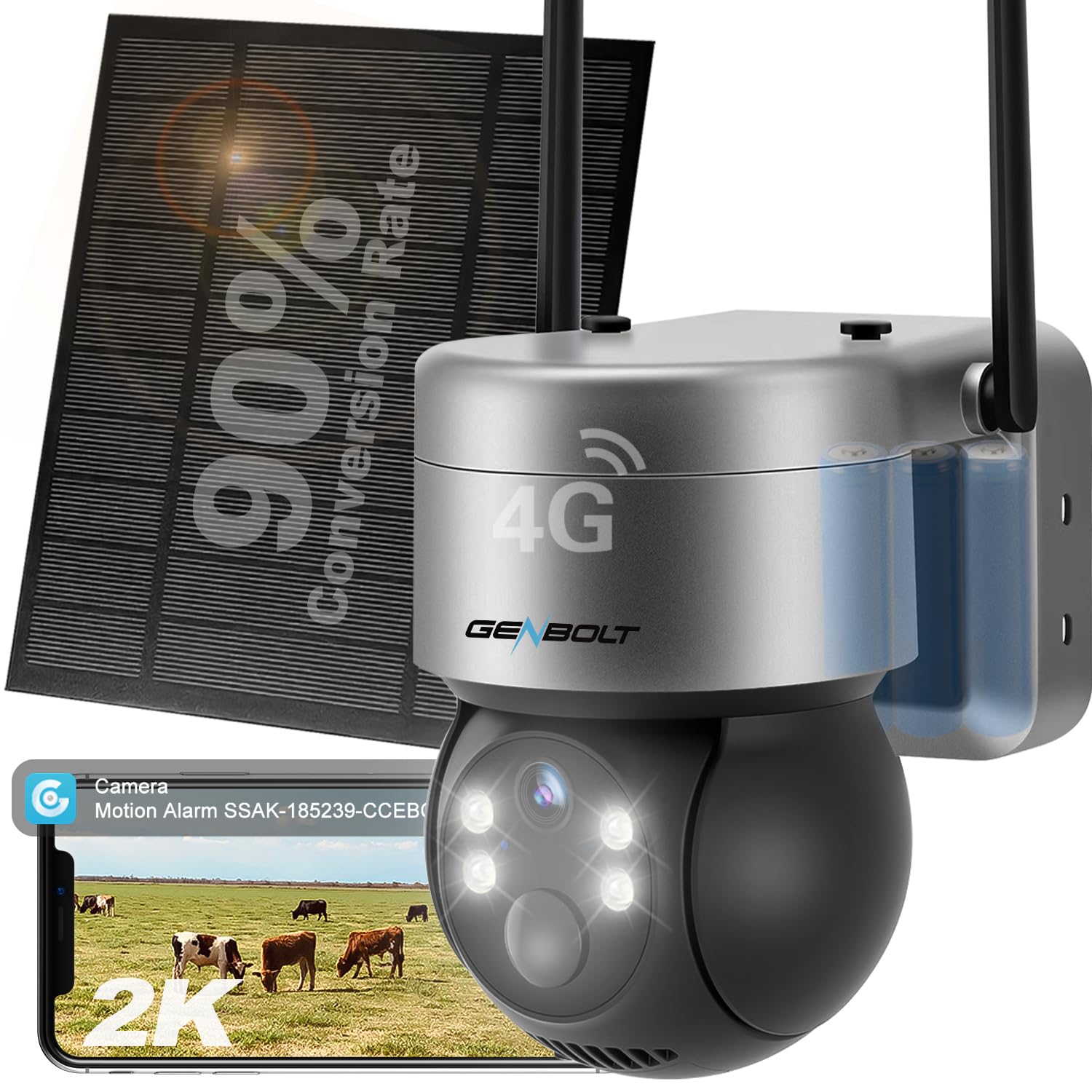 

GENBOLT 4G LTE Бездротова вулична сонячна камера безпеки з 4G LTE 3MP Кольоровий нічний режим PIR 12000mAh Панорамна 4G LTE LTE Зв язок, Відео, Виявлення,