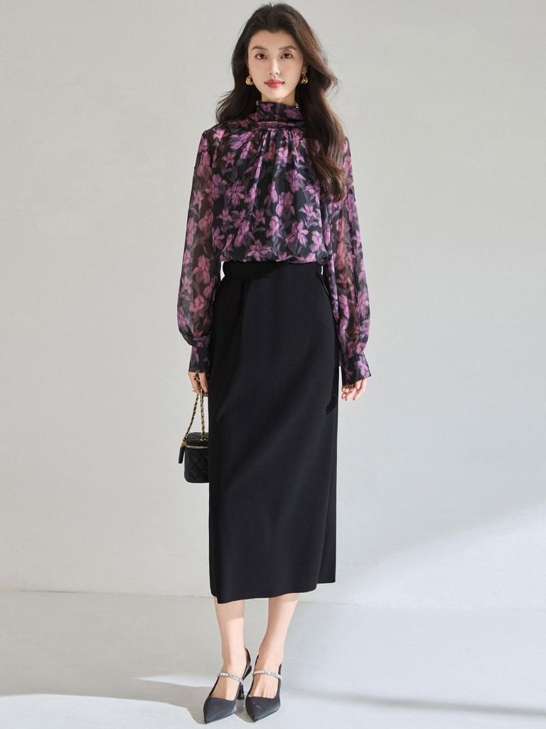 Spring 2026 Elegant French Drape Collar Shirt with Floral Print Crepe